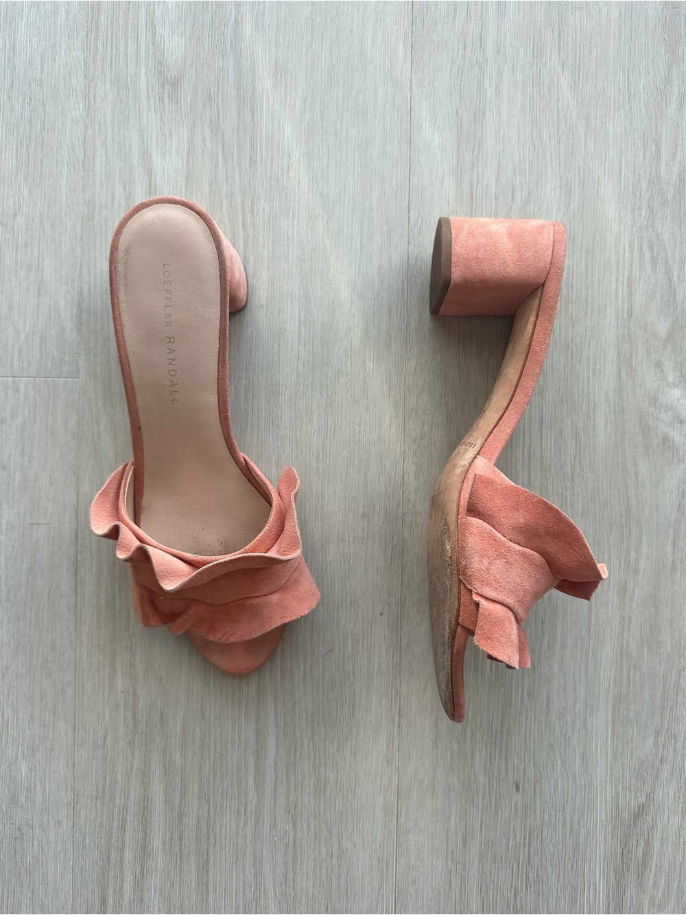 Loeffler Randall Coral Suede Ruffle Block Heel Mules